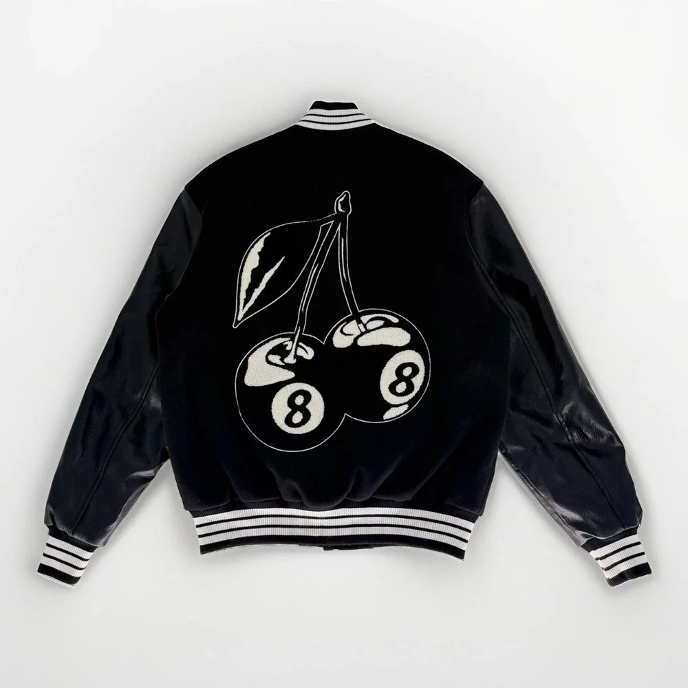 PacSun Varsity Jacket Small Black Faux Leather Cherry 8 Ball Bomber Coat S
